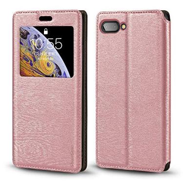 Imagem de Shantime Capa para BlackBerry Key 2, capa de couro de grão de madeira com porta-cartão e janela, capa flip magnética para BlackBerry Key 2 (11,4 cm) ouro rosa