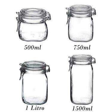 Imagem de 4 Potes de vidro Fido Rocco Bormioli com tampa hermética - 1 500ml + 1 750ml + 1 1000ml (1 Litro) + 1 1500ml (1,5 Litro)