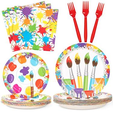 Imagem de Decorlife Artigos de festa de pintura serve 16, decorações de festa de arte, total 142 peças inclui banner pré-amarrado, toalha de mesa de 137 x 274 cm, espirais pendurados, para festa de aniversário
