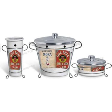 Imagem de Kit Pia em Alumínio decoração Branco Desenho Maizena com Suporte para Porta detergente Pote de Esponja e Mini Cesto de Lixo para pia (Lixeirinha)