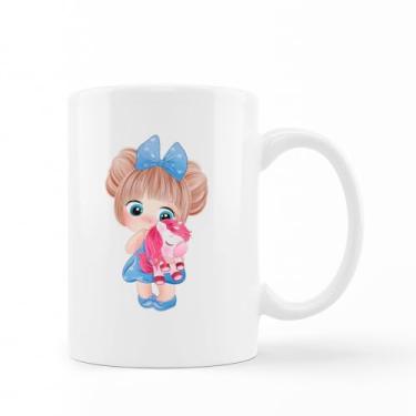 Imagem de caneca porcelana branca menina crianca meiga fofa laco azul ponei unicornio rosa