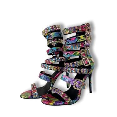 Imagem de Frankie Hsu Sandálias de salto alto stiletto feitas à mão, várias cores, estampa de serpente com fivela dourada, estilo rebites, tamanho grande grande EUA 5-19 sapatos unissex para mulheres e homens,