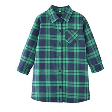 Imagem de Camisa de manga comprida para meninas, camisas de flanela xadrez com botões, manga comprida, casual, camisetas para crianças, Verde, 18-24 Months