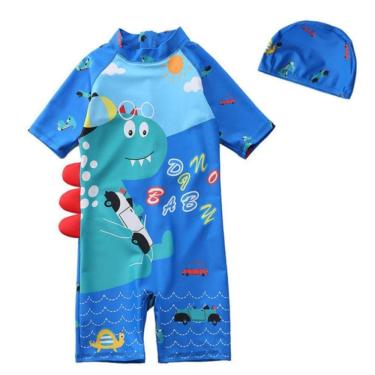 Imagem de Roupa de banho infantil de dinossauro com chapéu para meninos de mais de 2 anos, azul