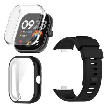 Imagem de FCMEDZI Capas e pulseira compatíveis com o Xiaomi Redmi Watch 4 Protetor de tela Acessórios para smartwatch Capa de cobertura total em TPU macio e pulseira de silicone macio (pacote com 2+1) (blcak)