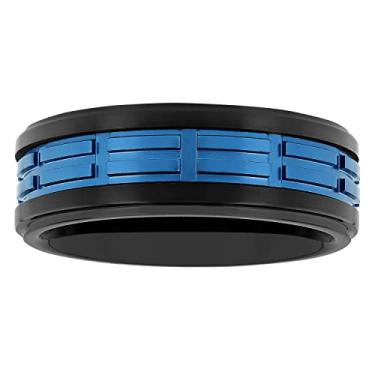 Imagem de Aliança de casamento masculina de carboneto de tântalo, 8 mm, dois tons, fosco, preto e azul, multisulcos, Metal, Sem pedra preciosa