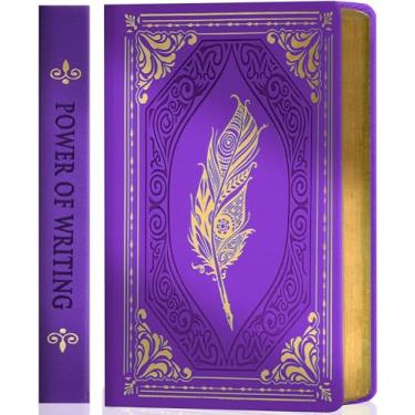 Imagem de CAGIE Cadernos de diário de capa dura grossa de 320 páginas, diário de couro vintage para mulheres e homens, diários pautados na faculdade A5 para escrever com caixa de presente, 14,5 x 21 cm, roxo