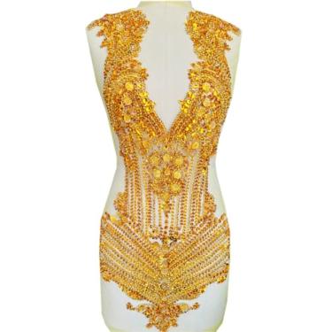 Imagem de Aplique de corpete de contas feitas à mão com design grande em malha costurada em strass lantejoulas remendos radiantes para festa de casamento, vestido de noite, acessórios faça você mesmo, 78 x 30