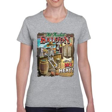 Imagem de Camiseta feminina Hot Headed Saloon But its a Dry Heat Funny Skeleton Biker Beer Drinking Cowboy Skull Southwest, Cinza, XXG