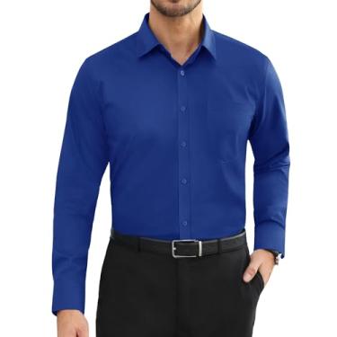 Imagem de Alimens & Gentle Camisas sociais masculinas de manga comprida sem rugas algodão elástico grande camisas de botão, Azul royal, G