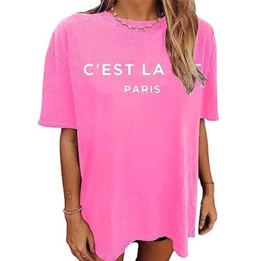 Imagem de Camiseta feminina Miami Florida com estampa gráfica de manga curta, gola redonda, ombro caído, casual, Paris-rosa, P