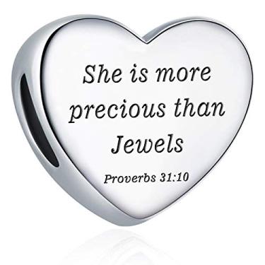Imagem de Pingente de coração com pingente de Pandora Berloques Cristãos Verso da Bíblia Berloque de Oração Fé Religiosa Presentes para Mulheres, Aço inoxidável, Zircônia cúbica
