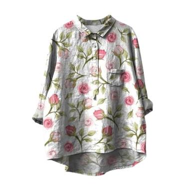 Imagem de Camiseta feminina de linho com estampa de flores, ajuste solto, gola lapela, botões, manga comprida, blusas casuais, rosa, XXG