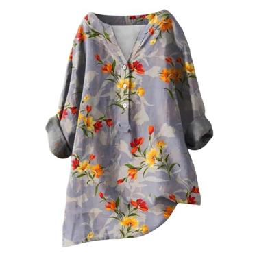 Imagem de Camisetas femininas de verão com estampa floral de linho, manga comprida, gola V, botões grandes, camisetas casuais para sair, Roxa, M