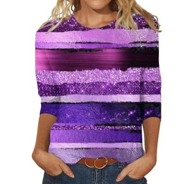 Imagem de Camiseta feminina com estampa de lantejoulas gola redonda, manga sete quartos, caimento solto, blusas de festa de verão, Caqui, M