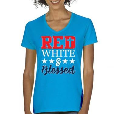 Imagem de Camiseta feminina Red White & Blessed Puff Print com decote em V Inspiração Cristã Religiosa Deus Senhor Fé Camiseta Patriótica Americana, Turquesa, XGG