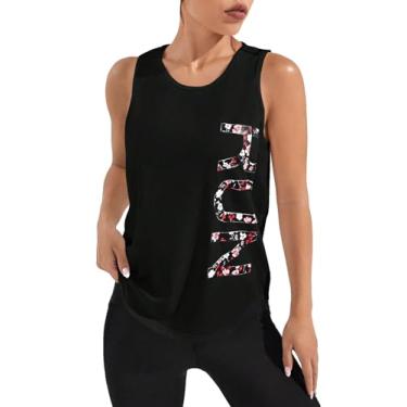 Imagem de SweatyRocks Camiseta regata esportiva feminina com estampa de alfabeto floral, bainha curvada, malha nas costas, sem mangas, Preto, G