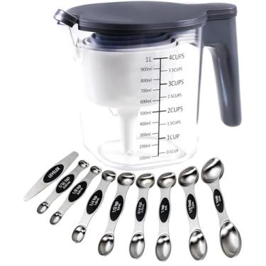 Imagem de Recogwood Conjunto de 19 copos medidores e colheres, inclui 10 copos medidores empilháveis com tampa e 9 colheres de medição magnéticas, colher de sopa para líquidos e secos, livre de BPA, pode ser lavada na lava-louças (preto)