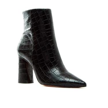 Imagem de Bota Feminina Cano Curto Salto Alto Grosso Bico Fino Textura Croco para o Frio/Inverno (Preto, BR, Adulto, Numérico, 35)