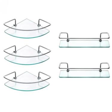 Imagem de Kit Acessórios para Banheiro, Prateleira Organizadora, Conjunto 3 Cantoneiras + 2 Porta Shampoo Reto 30cm, Vidro Incolor 6mm