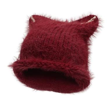 Imagem de ZLYC Gorro feminino de crochê com orelhas de gato, fofo, vintage, grunge felpudo, Bordô liso, tamanho nico