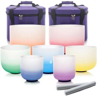 Imagem de Tigelas de canto de cristal coloridas de doces de 7 a 12 polegadas Conjuntos de chakra de 432 Hz com bolsas de transporte resistentes 2 peças de bastões de camurça marretas de borracha, novo
