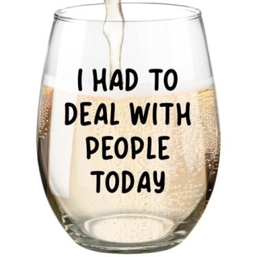 Imagem de Fatbaby Taça de vinho "I Had To Deal With People Today", presentes engraçados para amigos introvertidos colegas de trabalho, aniversário de Natal, presentes sarcásticos, taça de vinho sem haste 425 g
