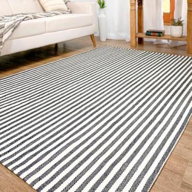 Imagem de Tapete Sala Quarto Listrado 1,40m x 2,00m Antiderrapante Emborrachado Cru Preto 100% Algodão Natural Geométrico Moderno Artesanal de Tear Decoração Neutra