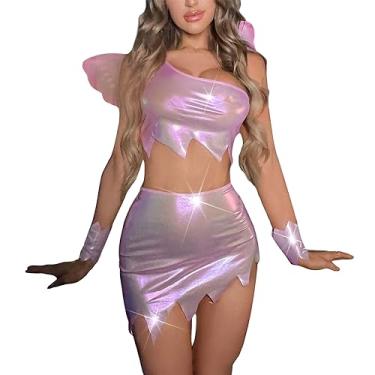 Imagem de Fyclemt Women Halloween Forest Fairy Costume Dress Sexy Fairy Tale Princess Flower Mini Dress with Wings Fancy Halloween Party (Pink, L)
