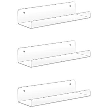 Imagem de Sooyee Prateleiras de acrílico, pacote com 3 prateleiras flutuantes de montagem na parede de 35 polegadas, capa de exibição Funko Pop, prateleira de livros infantil invisível, realces de decoração de prateleira de borda de imagem, prateleiras de banheiro de 5 mm de espessura, largura de 4,8 polegada