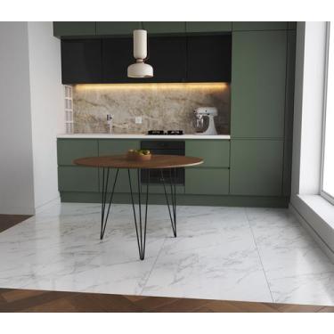 Imagem de Mesa de Jantar Redonda 90cm Amêndoa Clips 3 Pés Ferro Preto - Imperio 