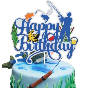 Imagem de Gone Fishing Happy Birthday Cake Topper Party Supplies Blue Glitter Little Fisherman Seaweed Fish Hook Cake Decoration Bobber Fish Man Fishery Pole Fisher for Kids Boys Man