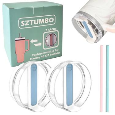 Imagem de SZTUMBO Tampa de substituição de 2 peças para copo Stanley de 1,134 g, à prova de derramamento e resistente a respingos, acessório Stanley Quencher Cup (azul claro) vem com 2 peças de canudo de