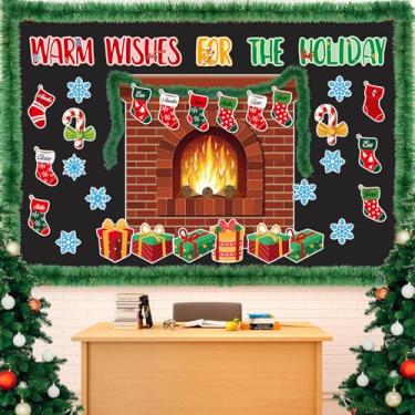 Imagem de Frienda Conjunto de quadro de avisos para lareira de Natal, 57 peças, caixa de presente para lareira de Natal, recortes de papel com guirlanda, quadro de avisos, decoração para sala de aula de Natal,