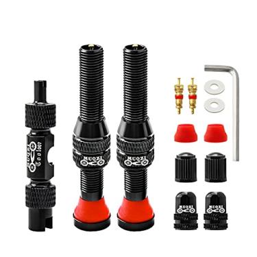 Imagem de MUQZI Kits de hastes de válvula Schrader sem câmara de ar - Liga de 60 mm para bicicleta sem tubos, hastes Schrader universais para válvula sem câmara de aro MTB, com ferramenta de remoção, preta