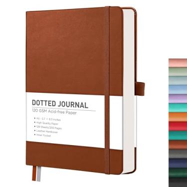 Imagem de RETTACY Caderno de diário pontilhado, 256 páginas, tamanho médio A5 (14 cm × 21 cm), capa dura de couro, papel grosso 120 GSM, para diário de balas, planejamento, rastreamento (marrom)