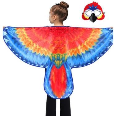 Imagem de D.Q.Z Fantasia de papagaio de asas de pássaro para crianças vestir-se com máscara, acessório de fantasia de pirata brinquedos de festa de Halloween (vermelho-azul)