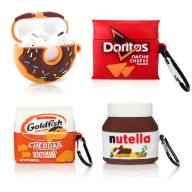 Imagem de (Pacote com 4) Capa para AirPods Pro 2ª/1ª geração (2022/2019) com mosquetão, capa protetora de silicone com desenho animado XMBYGY para meninos e meninas (DOR+DEUS + Dounts+Nutella)