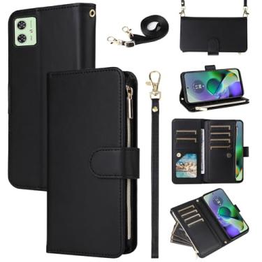 Imagem de Furill Capa carteira para Motorola Moto G54 5G com alça de pulso removível alça de ombro transversal de couro PU de luxo flip bolsa com zíper 11+ compartimentos para cartão protetor protetor de