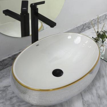 Imagem de Kit Cuba Pia Louça Cerâmica Banheiro C/Torn E Vál Preto 96