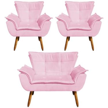 Imagem de Conjunto 2 Poltronas e 1 Namoradeira Pés Palito Charger Suede Rosa G19 - Gran Belo