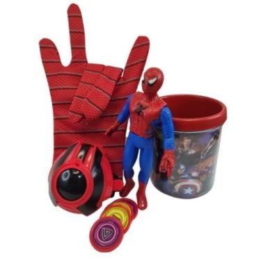 Imagem de Kit Luva Aranha Lança Disco 2022 + Caneca + Boneco Homem Aranha 15cm P