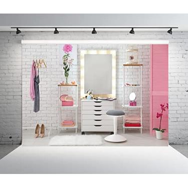 Imagem de BELECO Pano de fundo de maquiagem rosa de tecido de 2,1 x 1,5 m para sala de maquiagem para fotografia camarim salão de beleza penteadeira cosméticos espelho maquiagem artista fundo meninas senhoras adereços de fotos de vídeo ao vivo