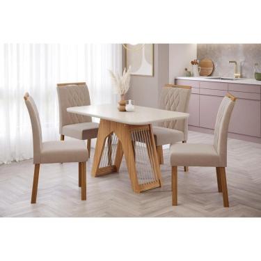 Imagem de Conjunto: Mesa de Cozinha Carol Tampo Madeirado c/ Vidro 130x80cm e 4 Cadeiras Juliana Nature-Madeirado/Off White-Linho Bege - Cimol