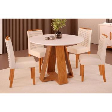 Imagem de Conjunto: Mesa Sala Jantar Celeste Tampo Madeirado c/ Vidro Redondo 103x103cm e 4 Cadeiras Julia Freijo/Off White - Linho Neve - DJ Móveis