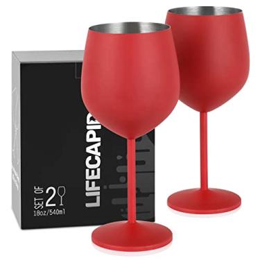 Imagem de Lifecapido Conjunto de 2 taças de vinho de aço inoxidável de 530 ml, taças de vinho de metal com haste com escova para festa, escritório, casamento, aniversário, ótimo para vinho branco tinto (vermelho)