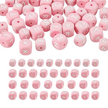Imagem de Boutigem 46 peças contas quadradas de silicone número cubo letras contas de borracha macia 12 x 12 x 12 mm para caneta com contas chaveiro cordão pulseira decoração (rosa)