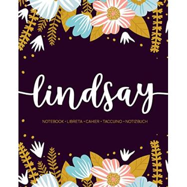 Imagem de Lindsay: Notebook - Libreta - Cahier - Taccuino - Notizbuch: 110 pages paginas seiten pagine: Modern Florals First Name Notebook in Light Pink, Baby Blue & Mustard Yellow on Navy ACH264