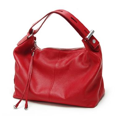 Imagem de Bolsa feminina de couro genuíno com alça ajustável e fivela lateral, Vermelho