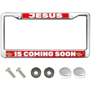 Imagem de Moldura para placa de licença Jesus is Coming Soon, cromada, versículos bíblicos, cristo, presente personalizado, moldura para placa de licença de Deus cristão dizendo Deus para placa de licença